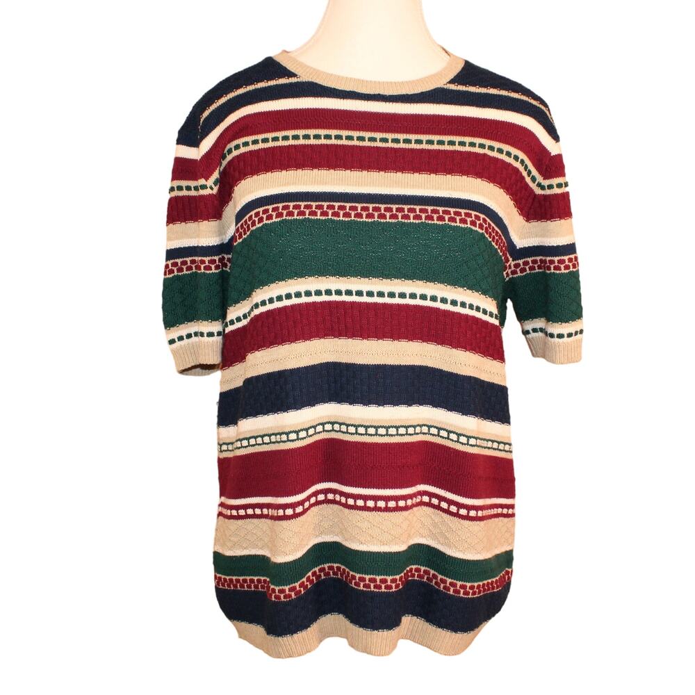 Vintage Alfred Dunner Short Sleeve Sweater Navy, Burgundy & Green Sz M